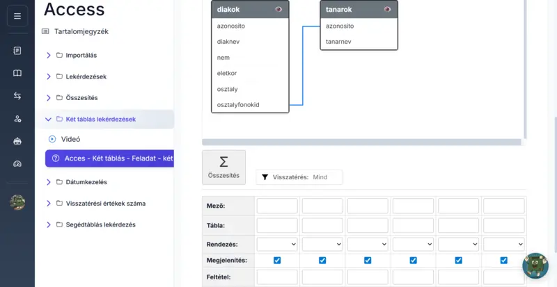 Microsoft Access adatbázis feladat képernyőkép - online gyakorló felület