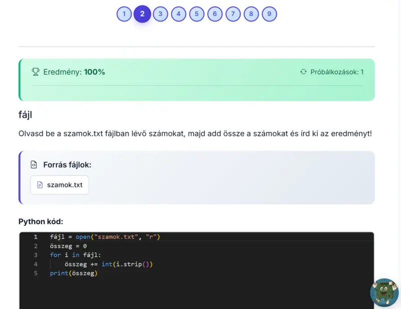 Python programozási feladat képernyőkép - online gyakorló felület
